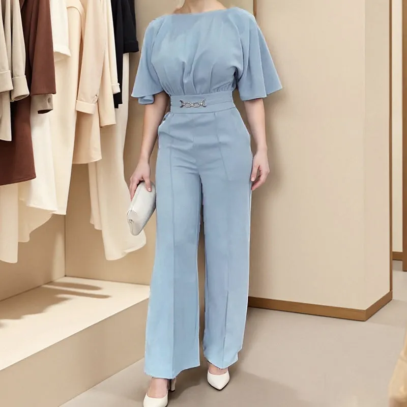Men's blue slim-fit polyester suit with trousers and long sleeves on a hanger