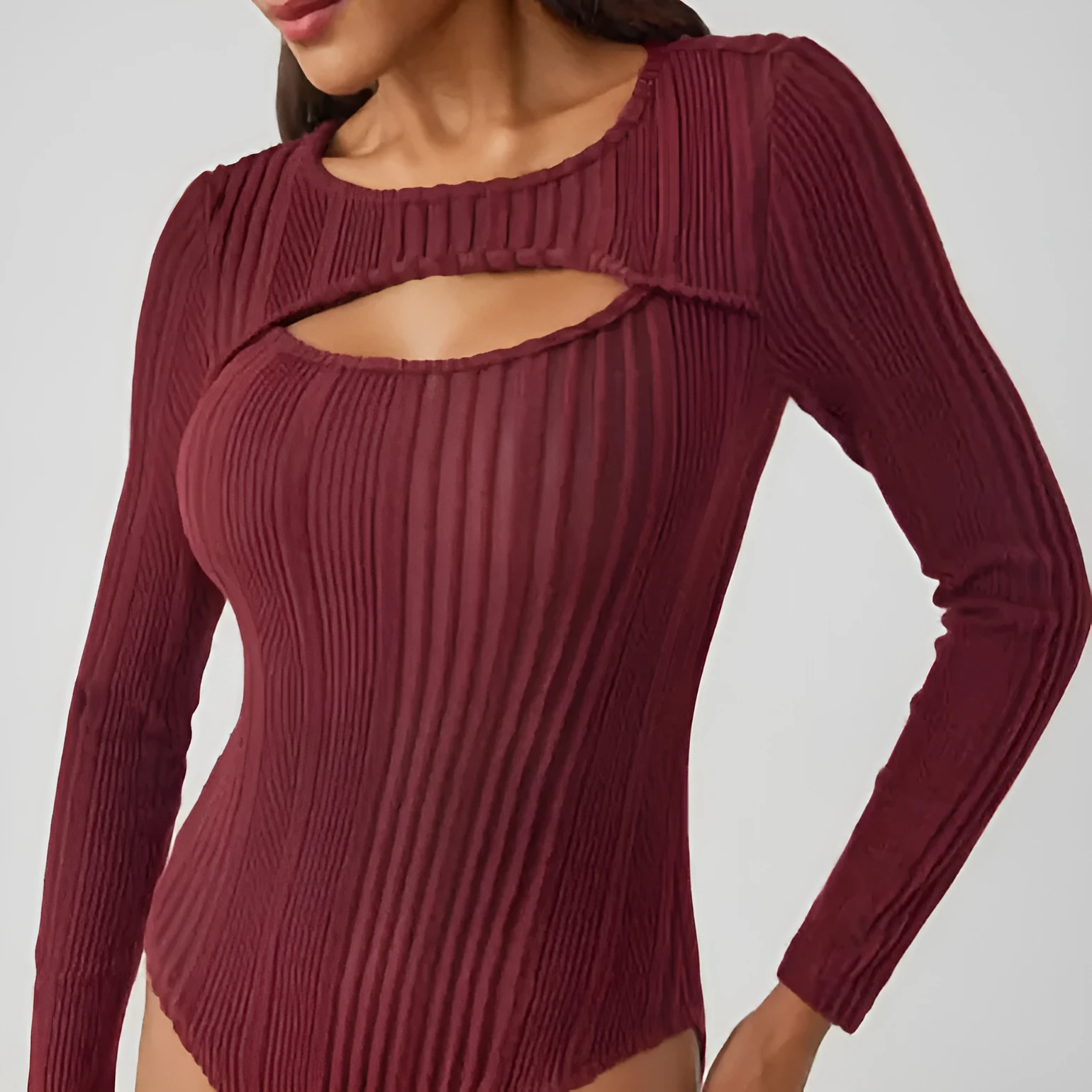 Sunken stripe hollow-out slim-fit one-piece T-shirt top in wine red, high waist, long sleeves