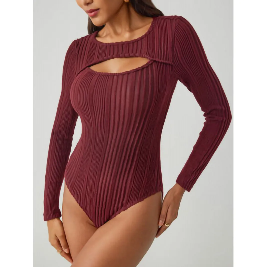 Sunken stripe hollow-out slim-fit one-piece T-shirt top in wine red, high waist, long sleeves