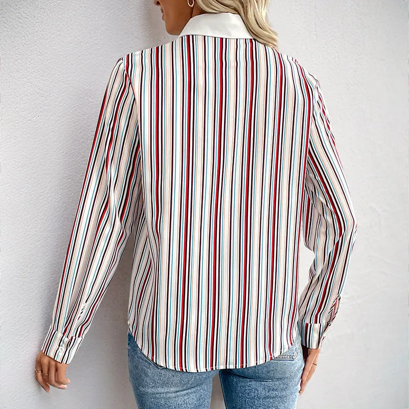 Women's lapel vertical striped long sleeve shirt in wine red, loose fit with full elastic fabric