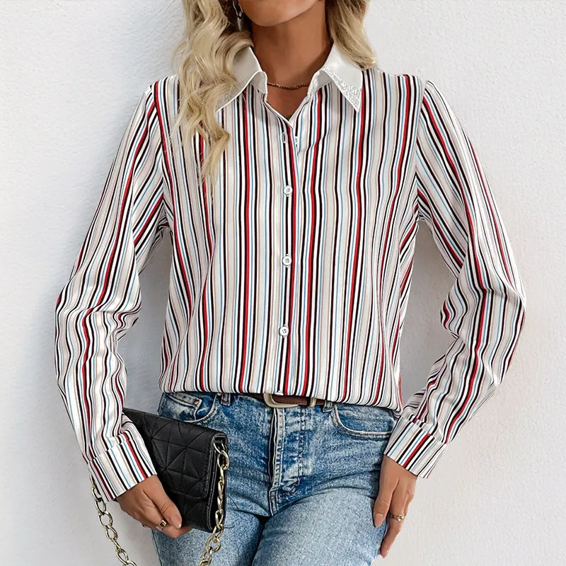 Women's lapel vertical striped long sleeve shirt in wine red, loose fit with full elastic fabric