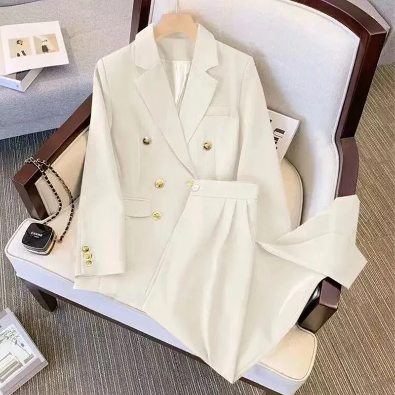 Women's loose fit polyester blouse and trouser set in black, milky white, khaki or pink with regular sleeves