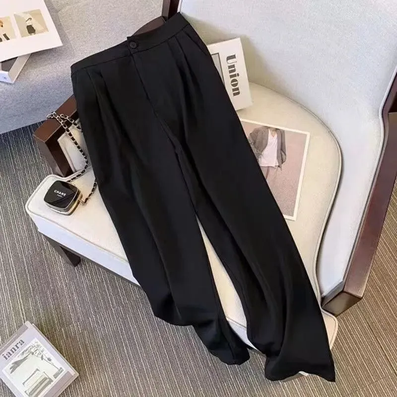 Women's loose fit polyester blouse and trouser set in black, milky white, khaki or pink with regular sleeves