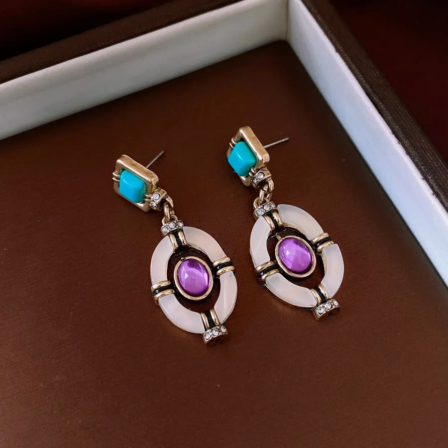 Diamond oval pendant earrings and clavicle necklace jewellery set in Chinese style alloy silver needle golden blue purple