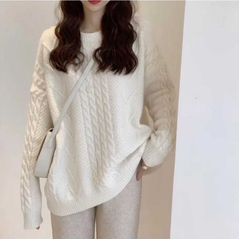 Thick hemp flowers knitted round neck sweater in khaki colour, loose retro top for women