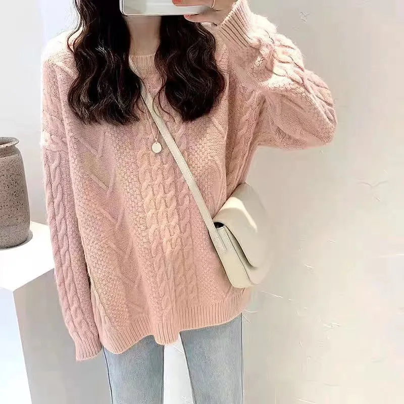 Thick hemp flowers knitted round neck sweater in khaki colour, loose retro top for women