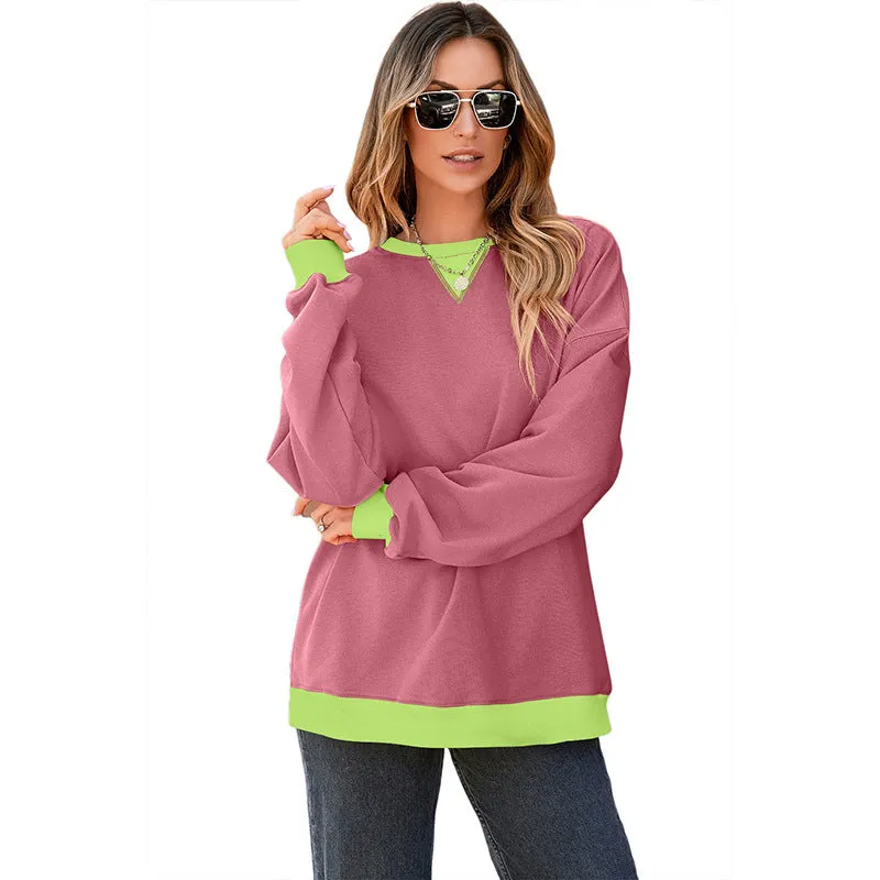 Women's colour contrast patchwork pullover sweater in white with brown sleeves, loose fit, long sleeves, round neck