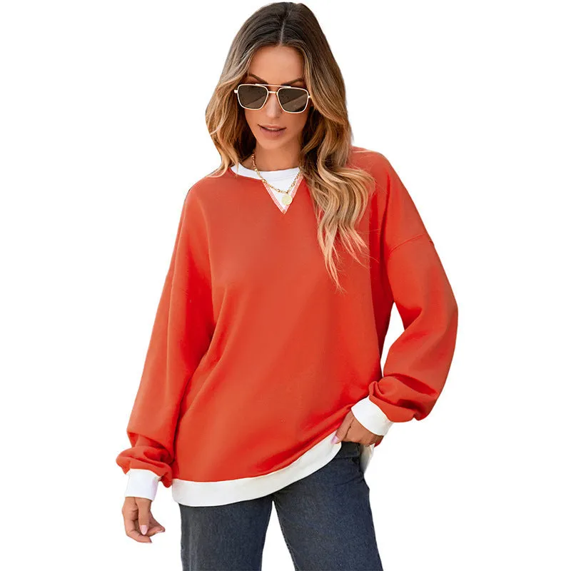 Women's colour contrast patchwork pullover sweater in white with brown sleeves, loose fit, long sleeves, round neck