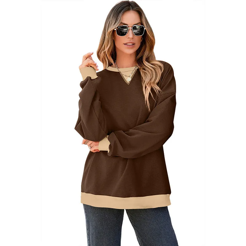 Women's colour contrast patchwork pullover sweater in white with brown sleeves, loose fit, long sleeves, round neck