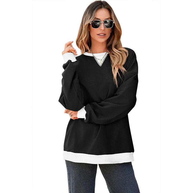 Women's colour contrast patchwork pullover sweater in white with brown sleeves, loose fit, long sleeves, round neck
