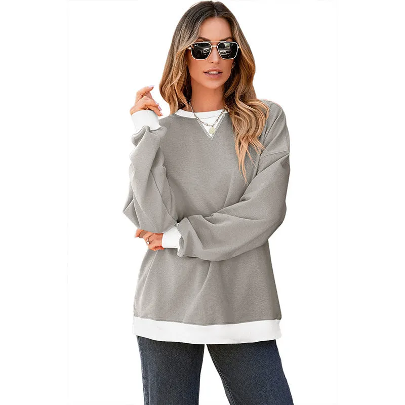 Women's colour contrast patchwork pullover sweater in white with brown sleeves, loose fit, long sleeves, round neck