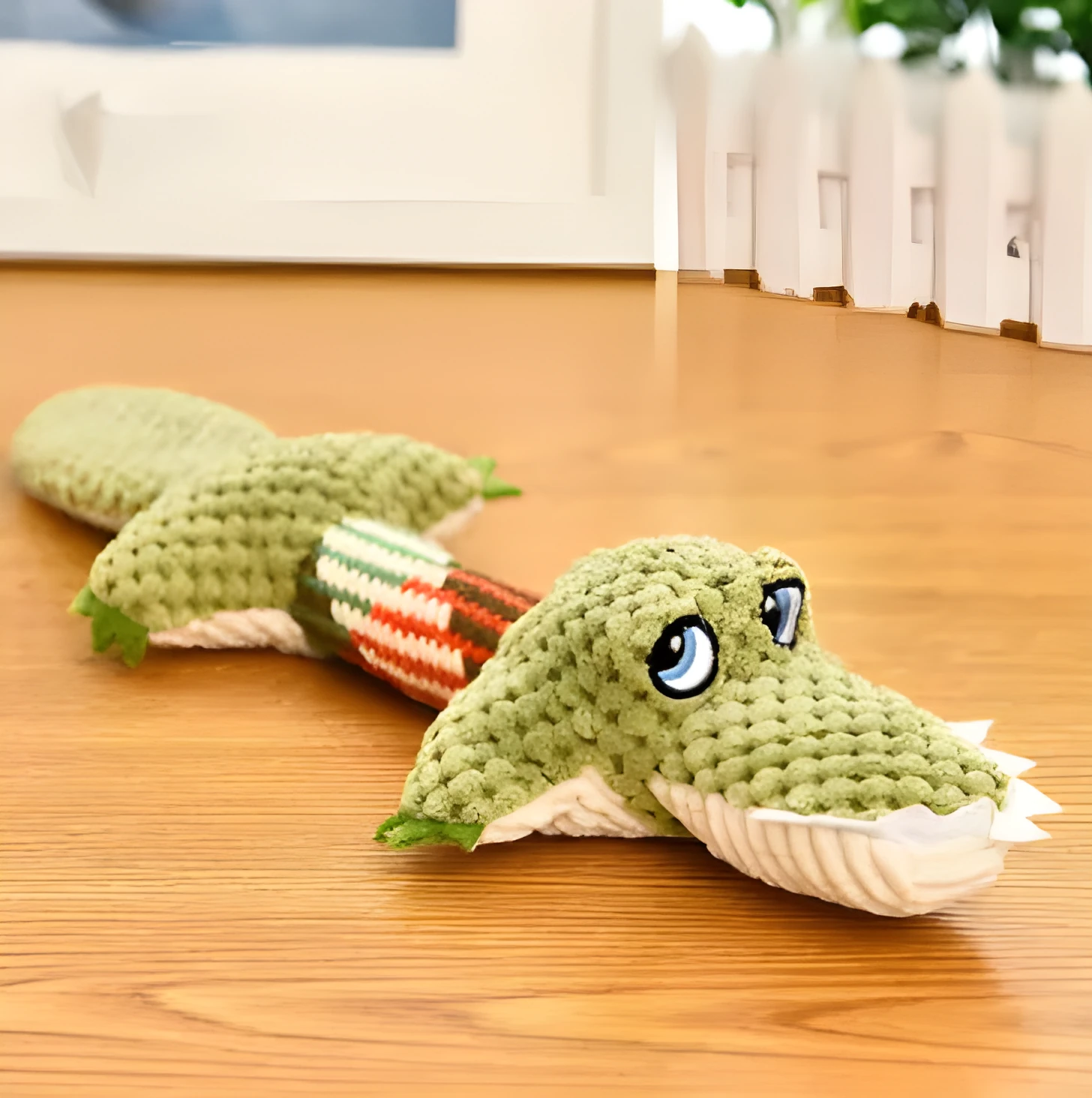 Set of two plush dog toys: crocodile and long-tailed fox made from polyester with squeakers