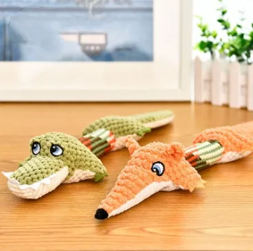 Set of two plush dog toys: crocodile and long-tailed fox made from polyester with squeakers
