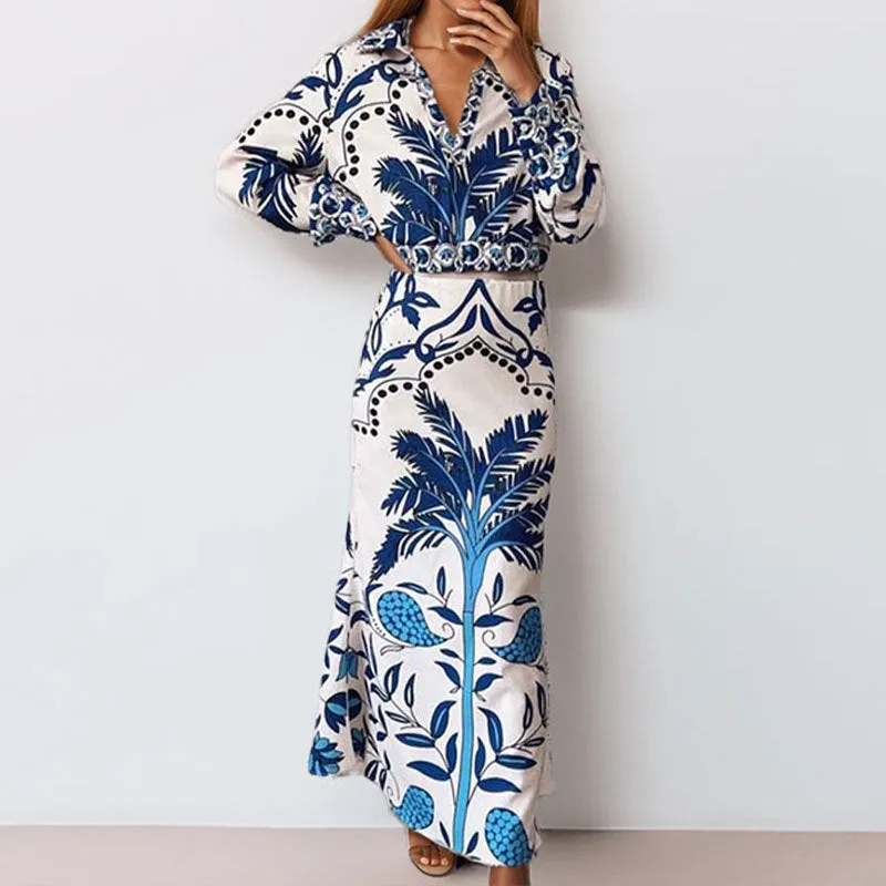 Women's long sleeve top and skirt early spring casual set in polyester fabric