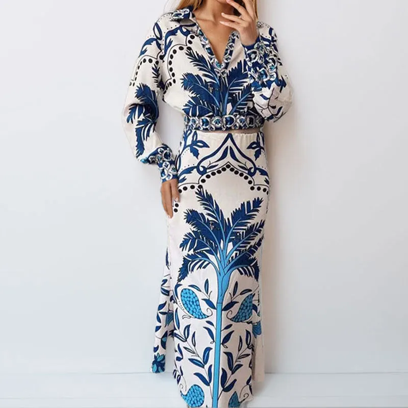 Women's long sleeve top and skirt early spring casual set in polyester fabric