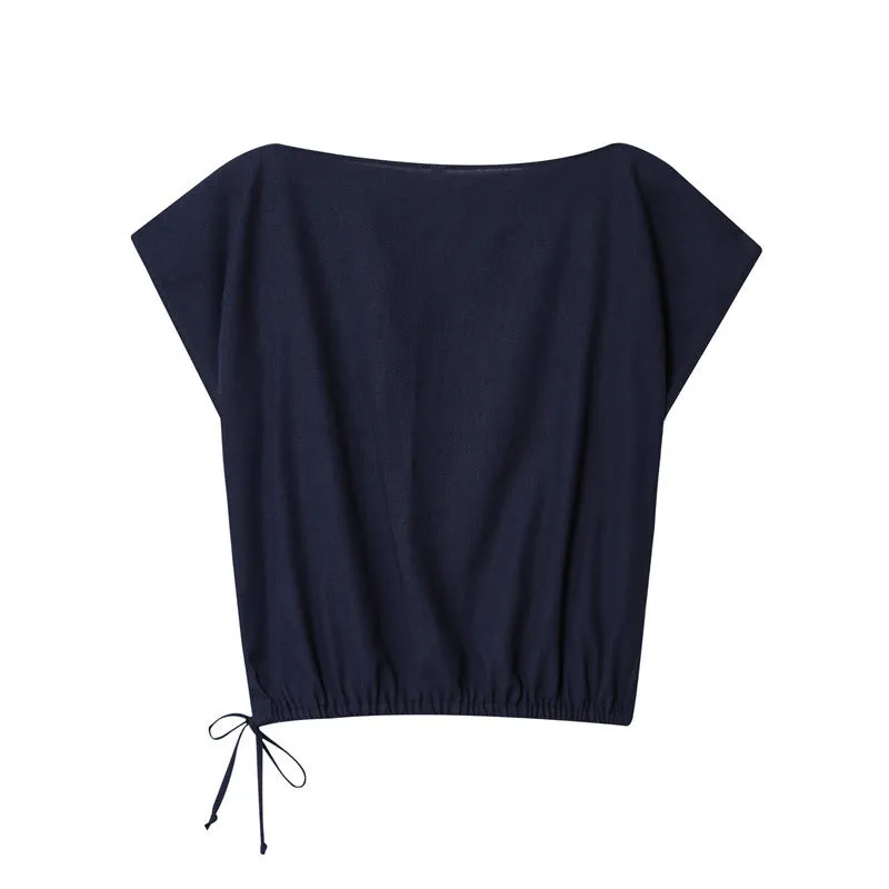 Women's linen blend wide-leg trouser and flounced sleeve top co-ord suit set in a professional style.