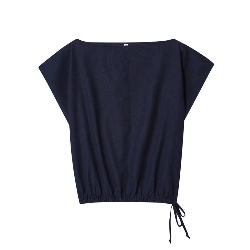 Women's linen blend wide-leg trouser and flounced sleeve top co-ord suit set in a professional style.