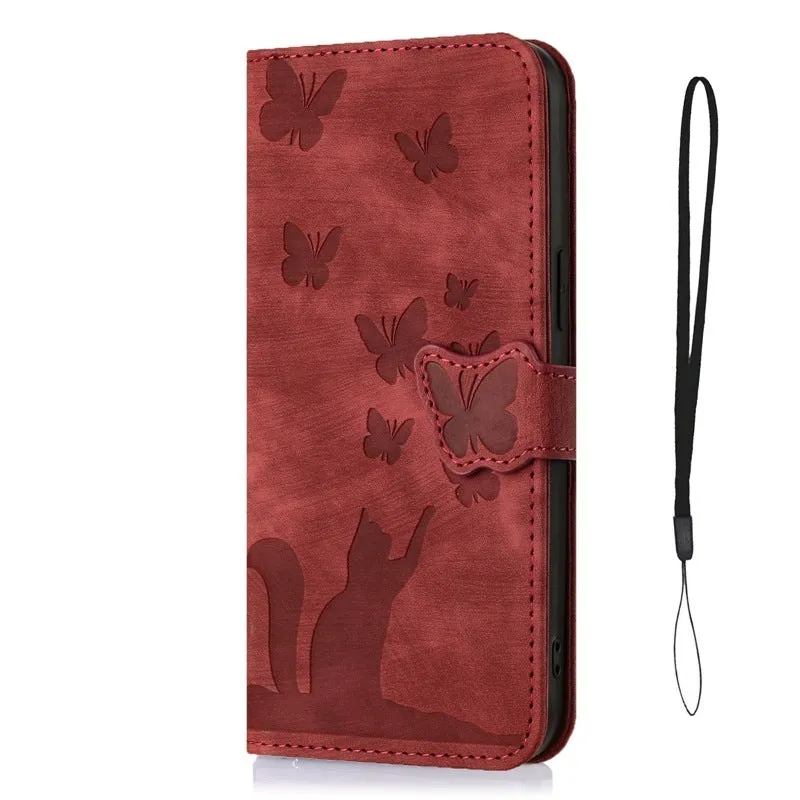 Butterfly cat embossed imitation leather phone case in purple with magnetic bracket for iPhone 14