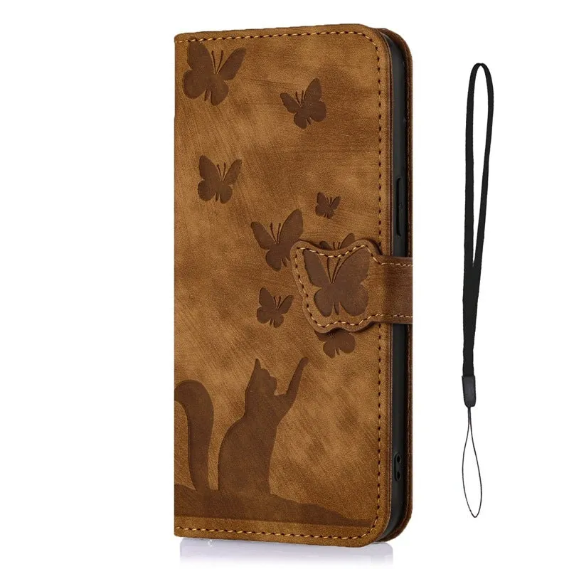 Butterfly cat embossed imitation leather phone case in purple with magnetic bracket for iPhone 14