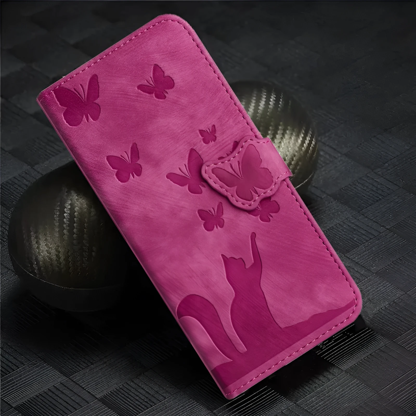 Butterfly cat embossed imitation leather phone case in purple with magnetic bracket for iPhone 14