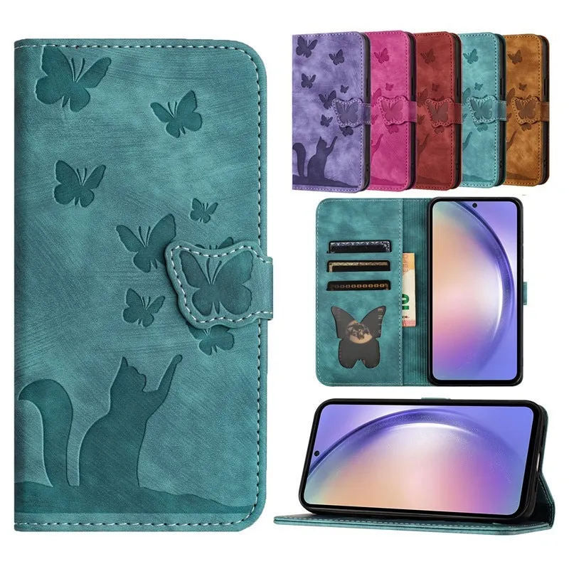 Butterfly cat embossed imitation leather phone case in purple with magnetic bracket for iPhone 14