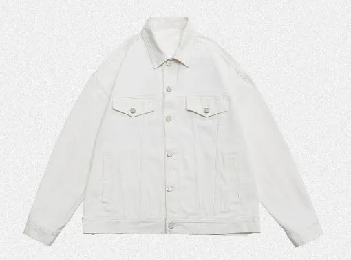 Retro washed dyed loose fit cotton denim coat in Moon White, front view