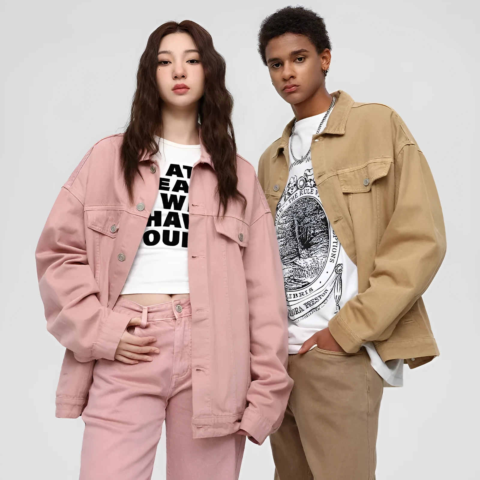 Retro washed dyed loose fit cotton denim coat in Moon White, front view