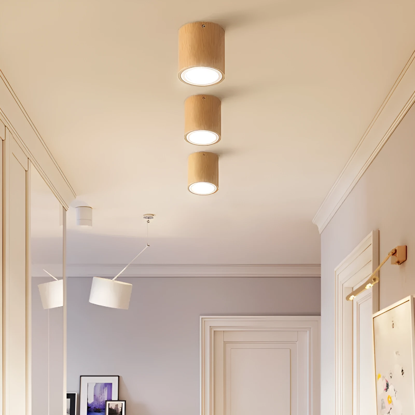 Modern simple solid wood surface mounted downlight in wood colour round shape for corridor