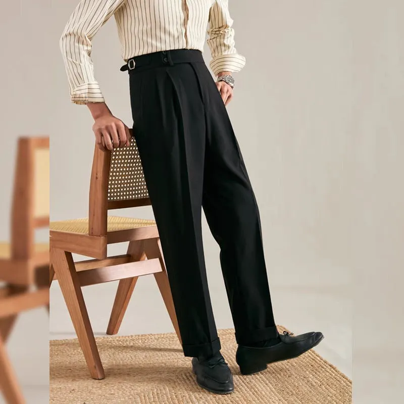 Paris buckle straight suit trousers in black polyester micro-elastic fabric with adjustable waist