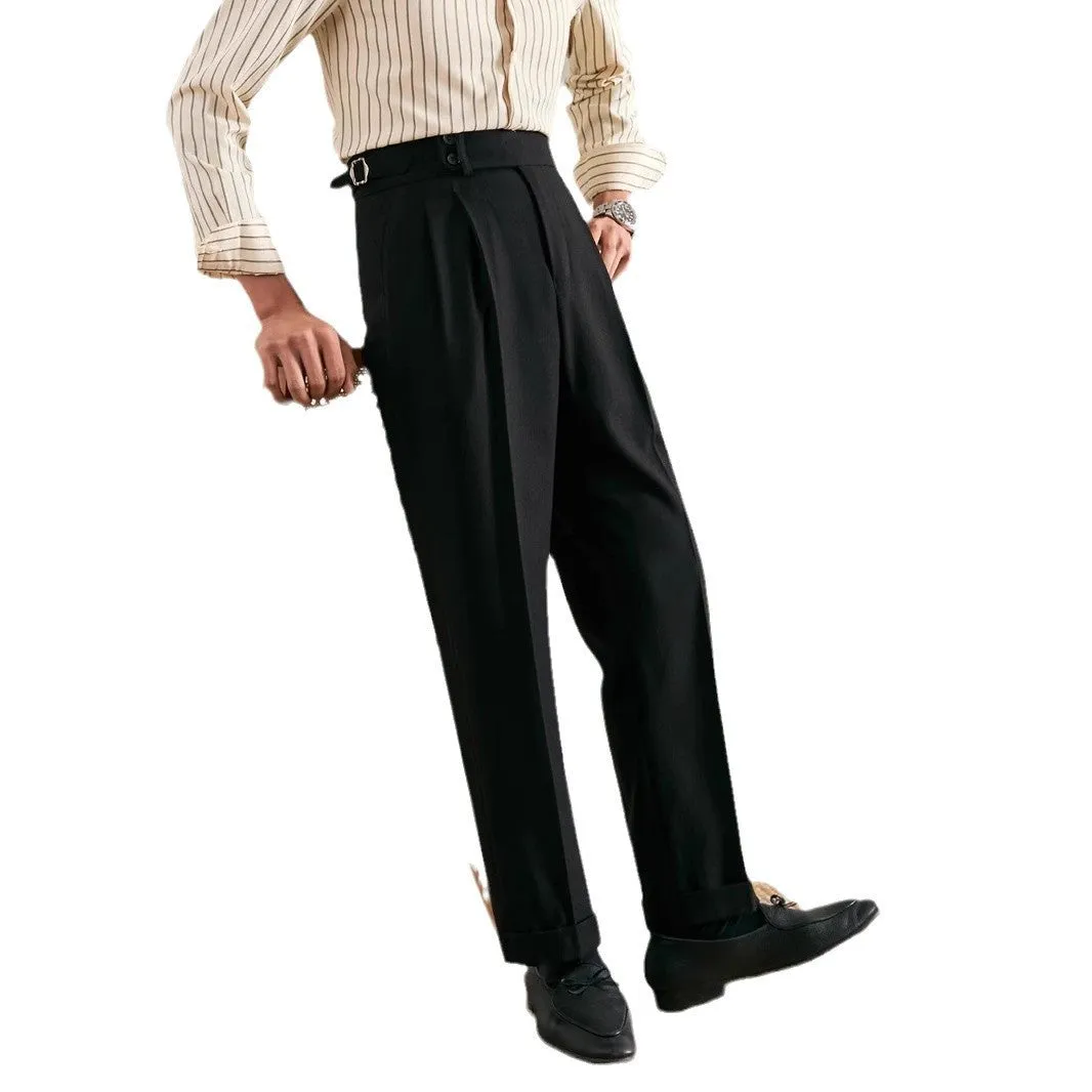 Paris buckle straight suit trousers in black polyester micro-elastic fabric with adjustable waist