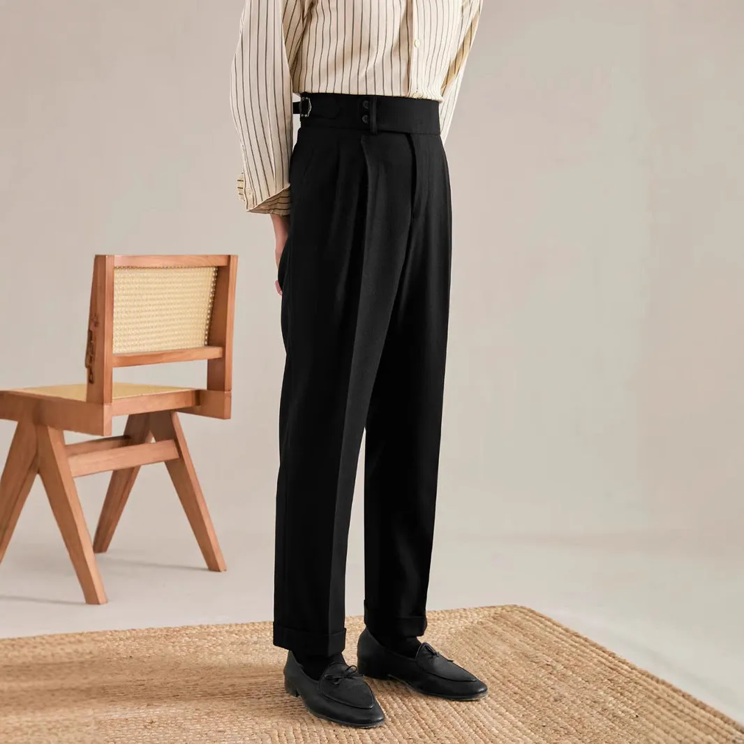 Paris buckle straight suit trousers in black polyester micro-elastic fabric with adjustable waist