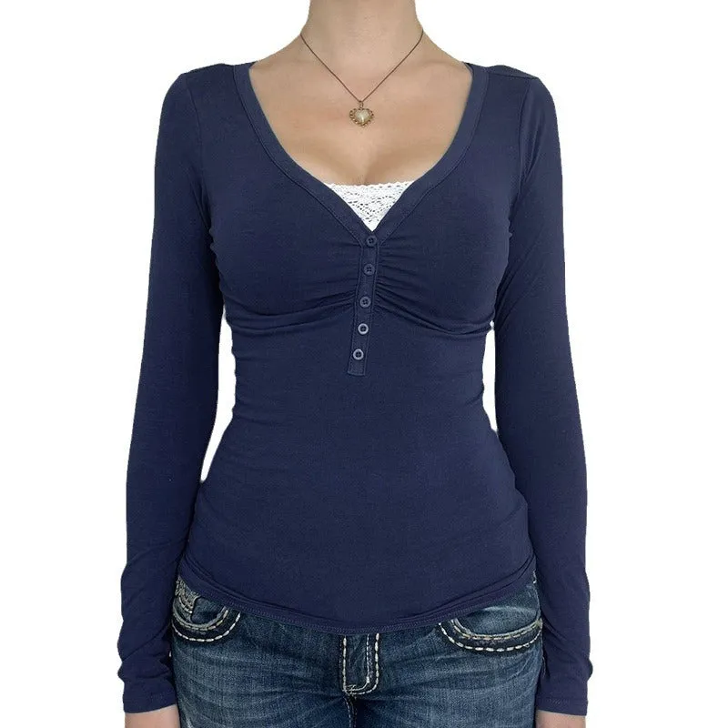 Fake two-piece semi-open buckle sweater in dark blue knitted cotton with lace, slim fit, street hipster style