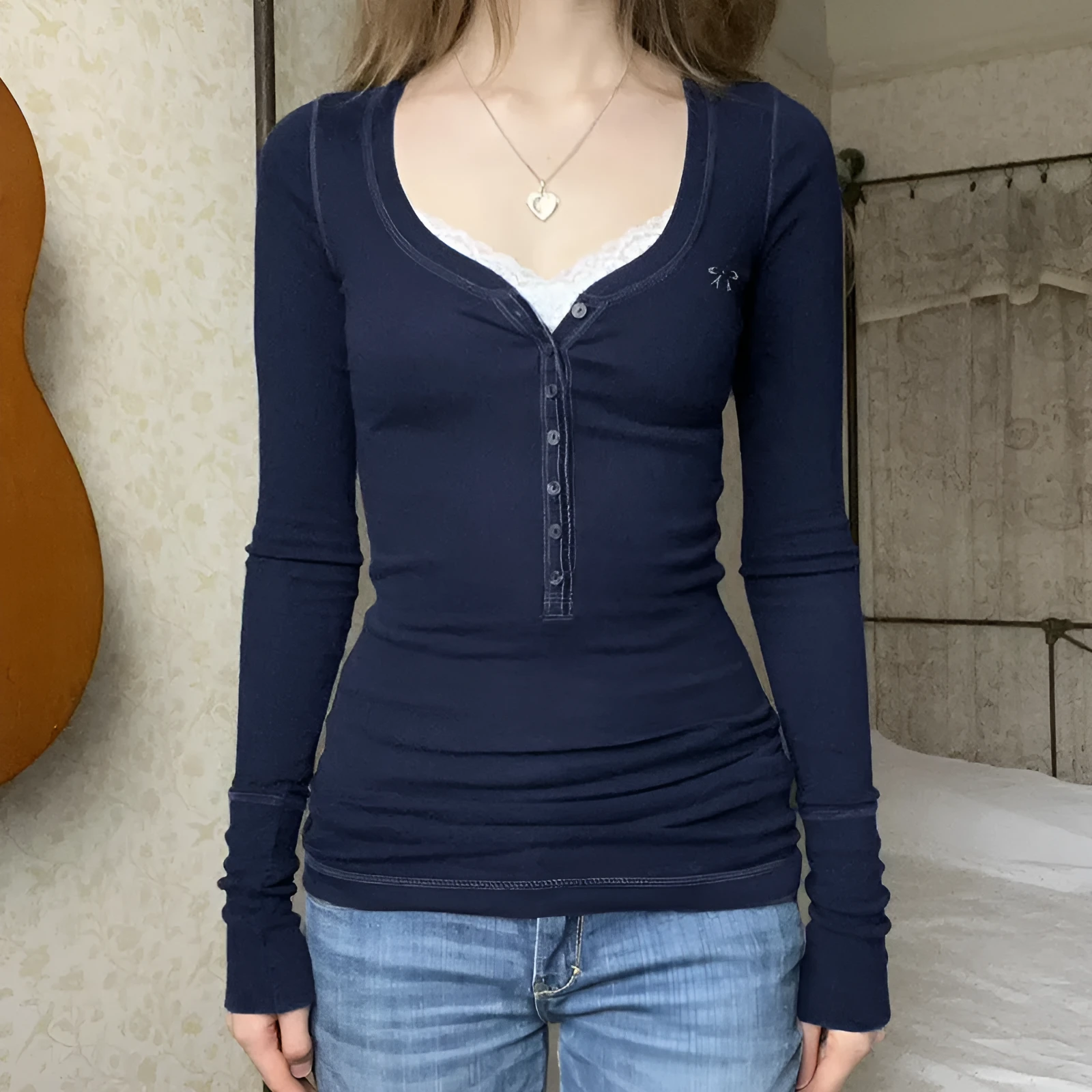 Fake two-piece semi-open buckle sweater in dark blue knitted cotton with lace, slim fit, street hipster style