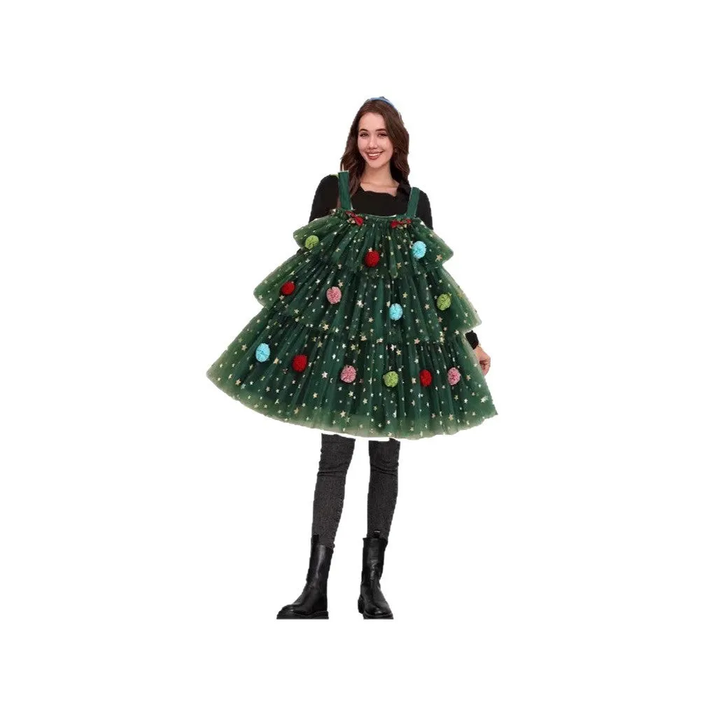 Green mesh polka dot tiered dress with colourful ball decoration and Christmas tree pattern