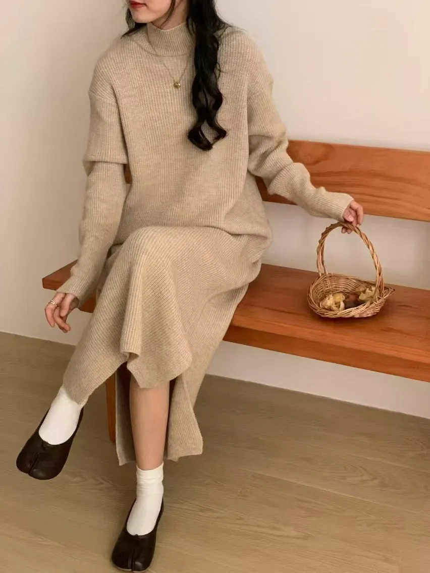 Woman wearing a milky white half turtleneck long sleeve knitted midi dress with a high waist.