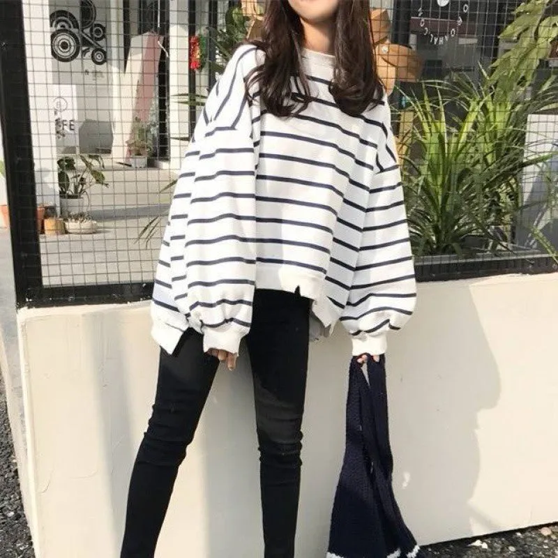 Women's loose fit long sleeve thermal striped T-shirt in white, front view, flight sleeve design