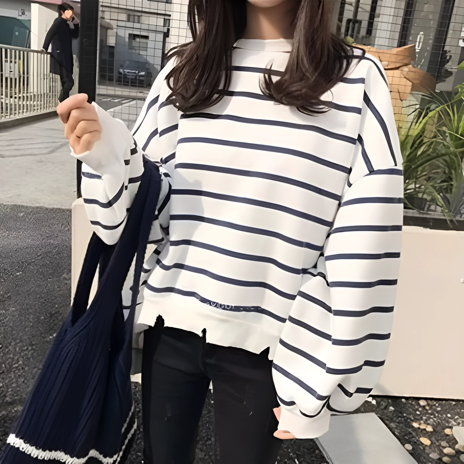 Women's loose fit long sleeve thermal striped T-shirt in white, front view, flight sleeve design