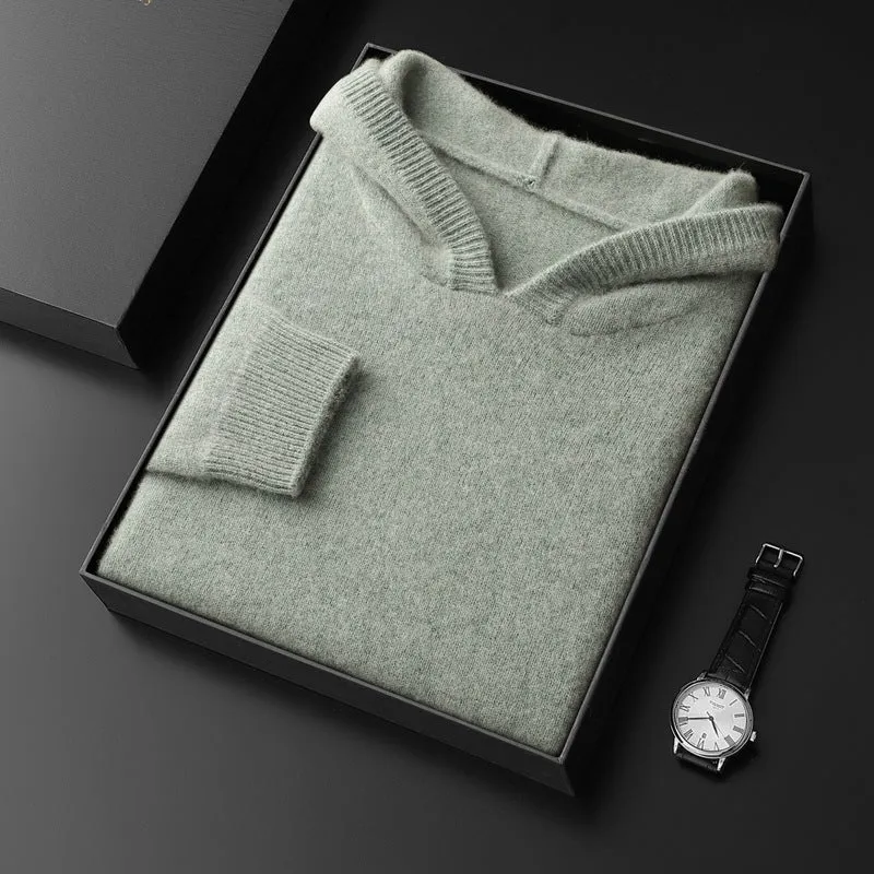 Men's cashmere hooded thickened sweater in loose fit, solid black colour, long sleeve winter pullover