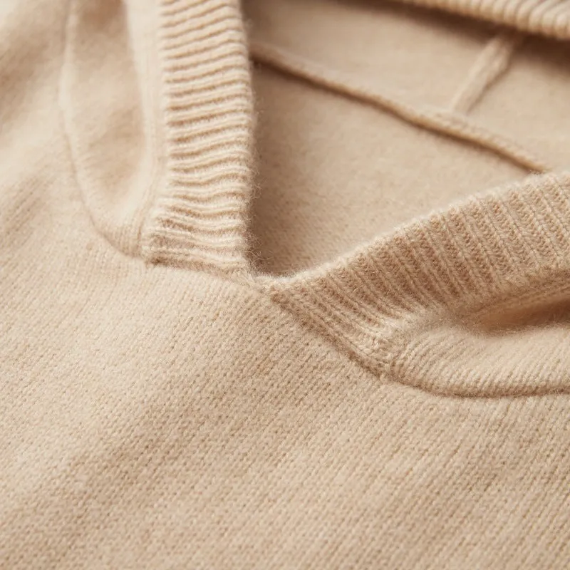 Men's cashmere hooded thickened sweater in loose fit, solid black colour, long sleeve winter pullover