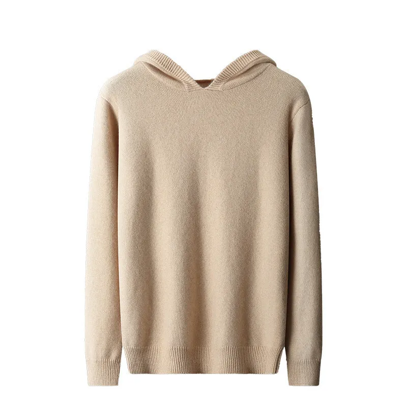Men's cashmere hooded thickened sweater in loose fit, solid black colour, long sleeve winter pullover