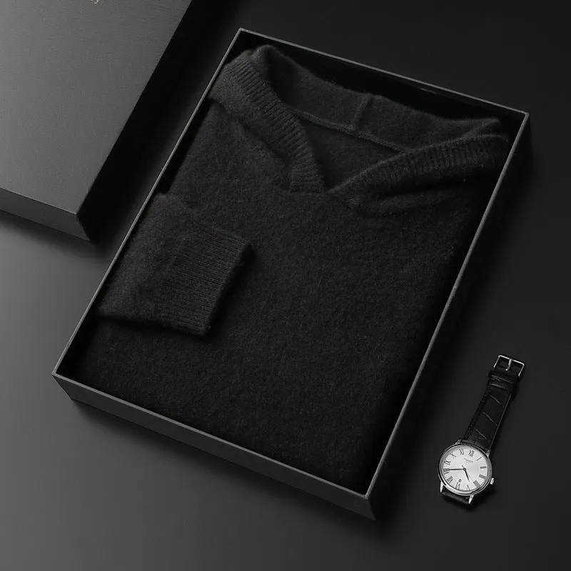 Men's cashmere hooded thickened sweater in loose fit, solid black colour, long sleeve winter pullover
