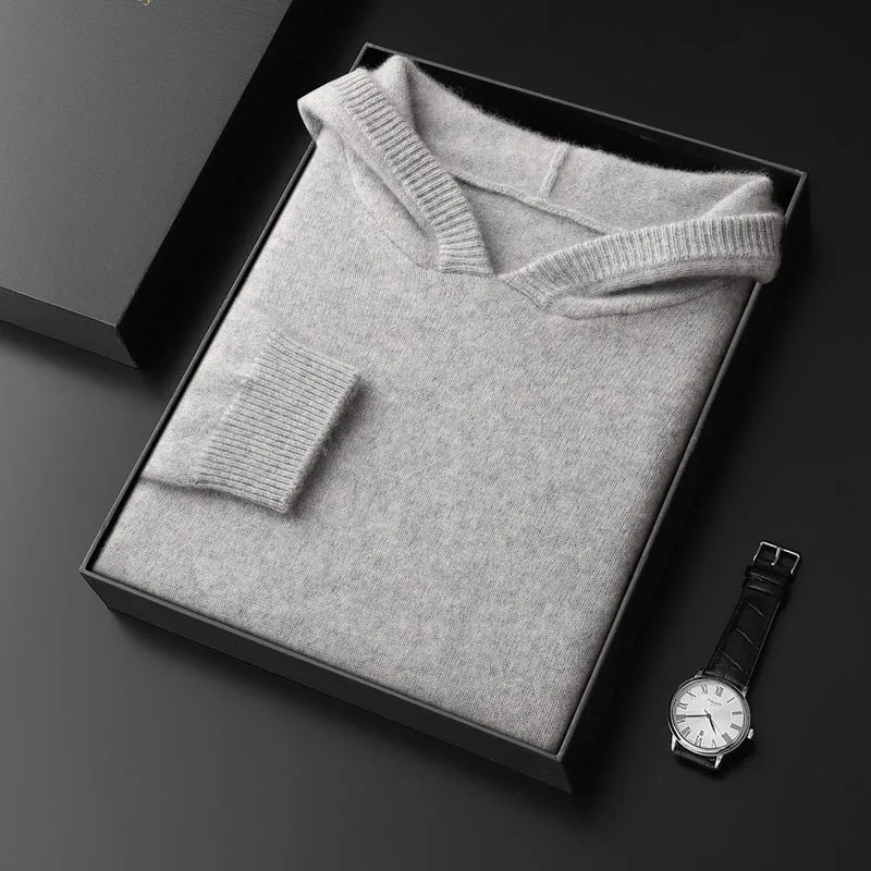 Men's cashmere hooded thickened sweater in loose fit, solid black colour, long sleeve winter pullover