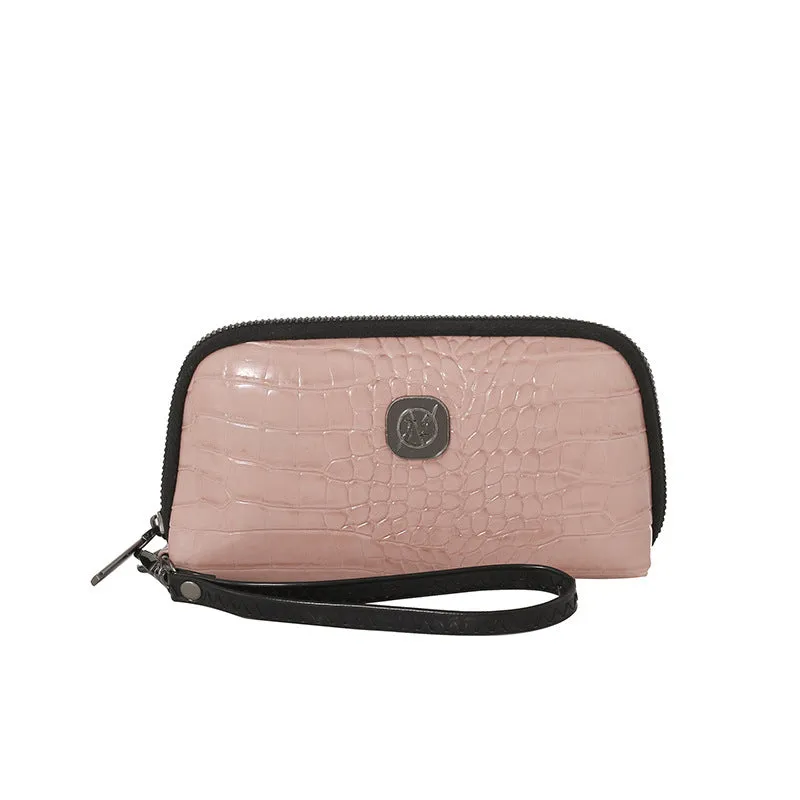 Hand-held Crystal Bamboo Pattern mobile phone bag in black, rectangular shape, 19x5x10cm, PU material, with interior pockets.