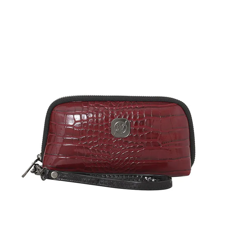 Hand-held Crystal Bamboo Pattern mobile phone bag in black, rectangular shape, 19x5x10cm, PU material, with interior pockets.