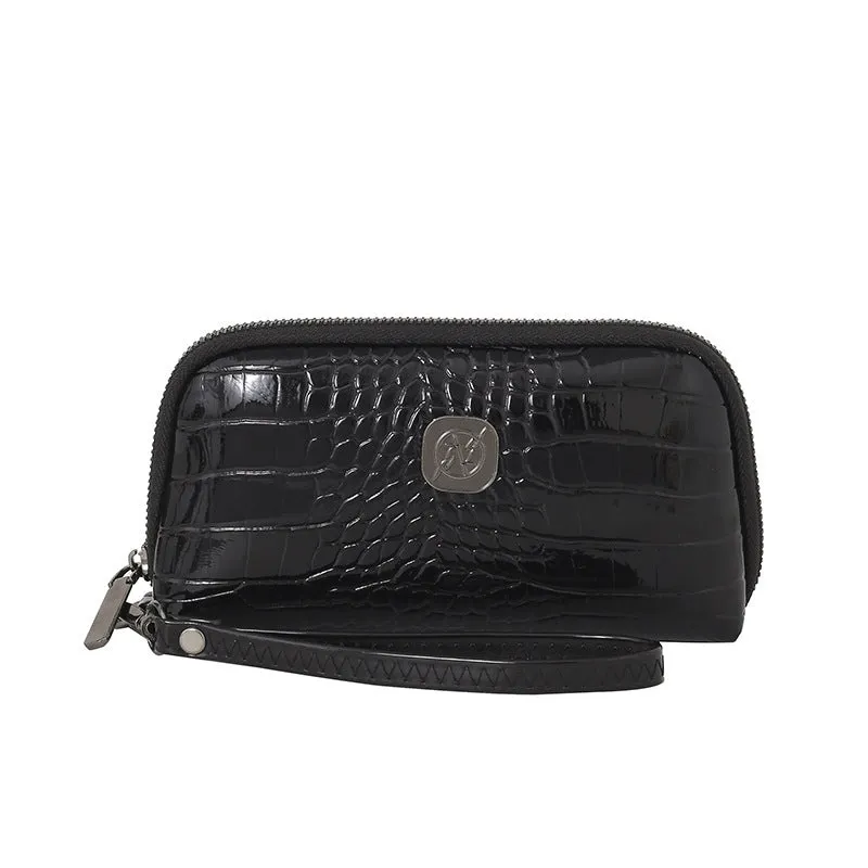 Hand-held Crystal Bamboo Pattern mobile phone bag in black, rectangular shape, 19x5x10cm, PU material, with interior pockets.