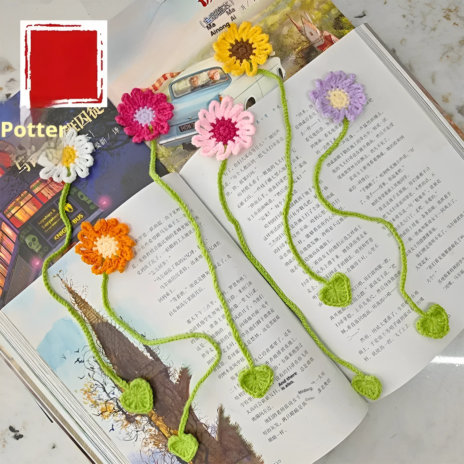 Hand-crocheted daisy bookmark with flexible wire frame in yellow colour option