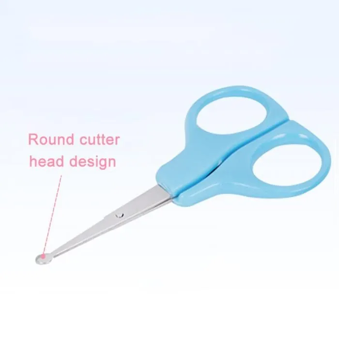 Portable baby health suit 9-piece grooming set in pink with scissors, clippers, comb and thermometer on white background