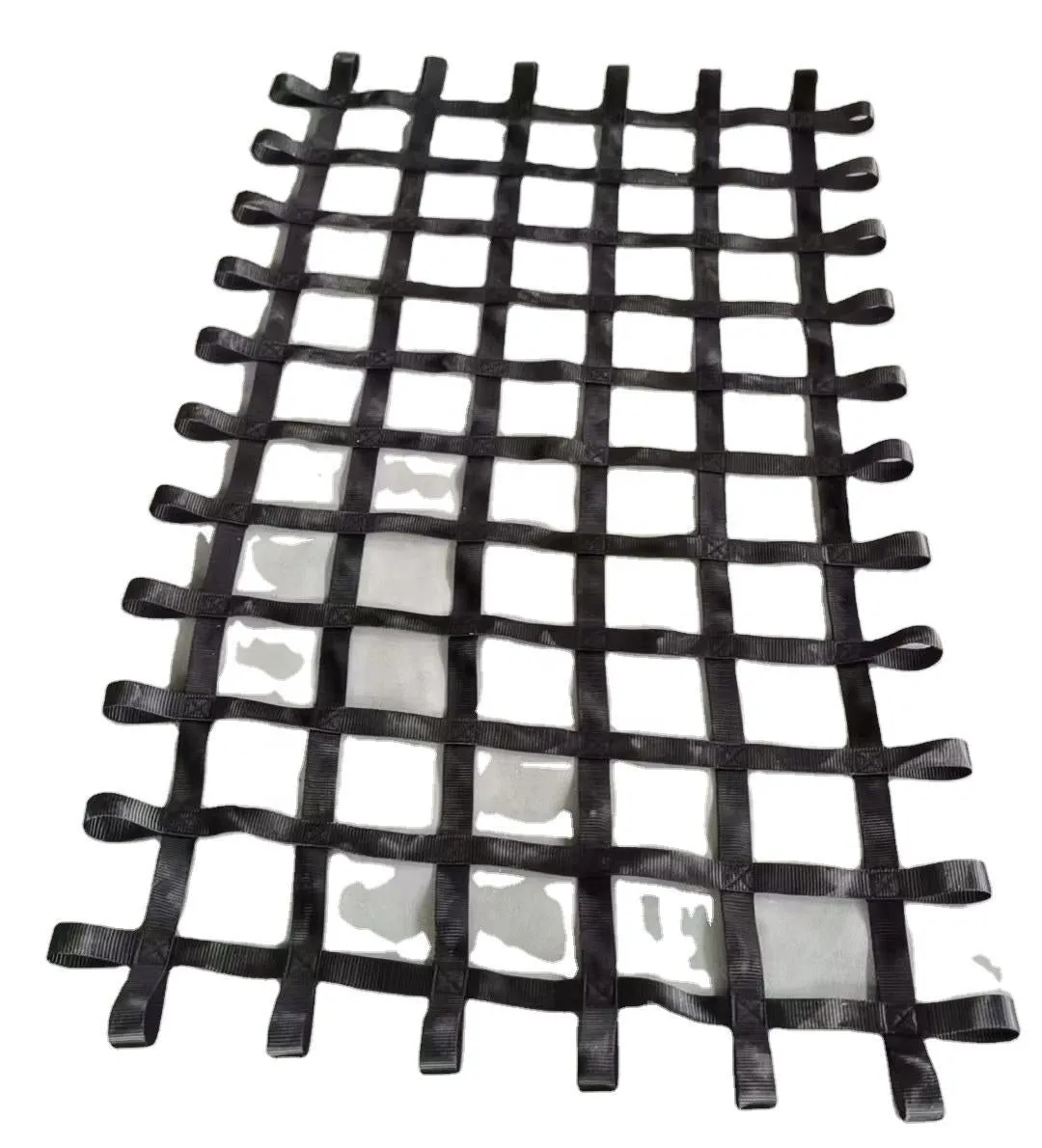 Black polyester ribbon children's climbing net with 1.5 inch wide straps and 5 inch mesh openings