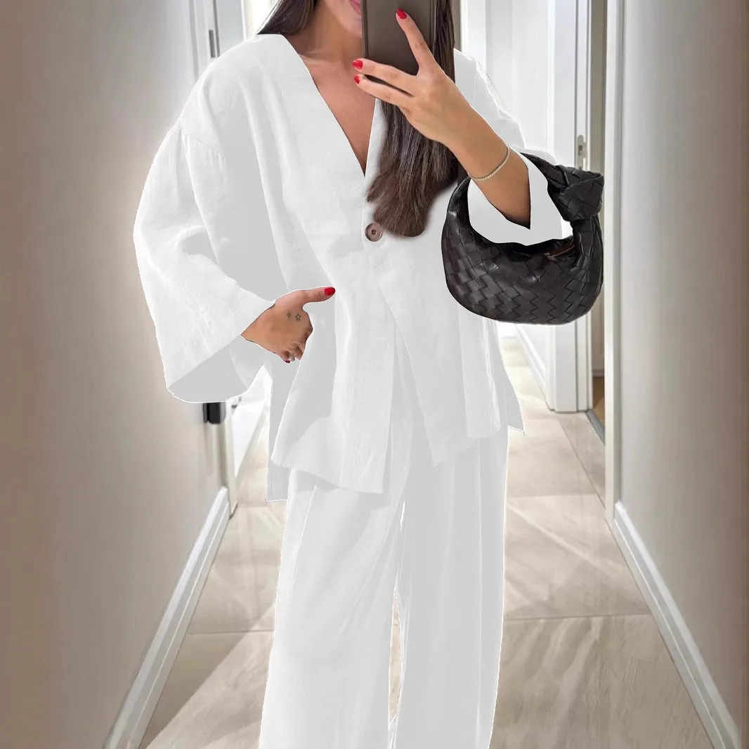 Women's solid colour polyester cardigan top and trousers set with zipper and button detail, long sleeves, commute style, available in six colours