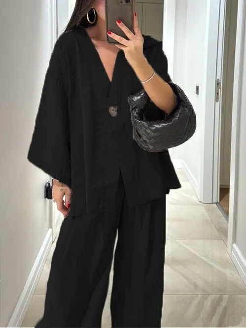 Women's solid colour polyester cardigan top and trousers set with zipper and button detail, long sleeves, commute style, available in six colours